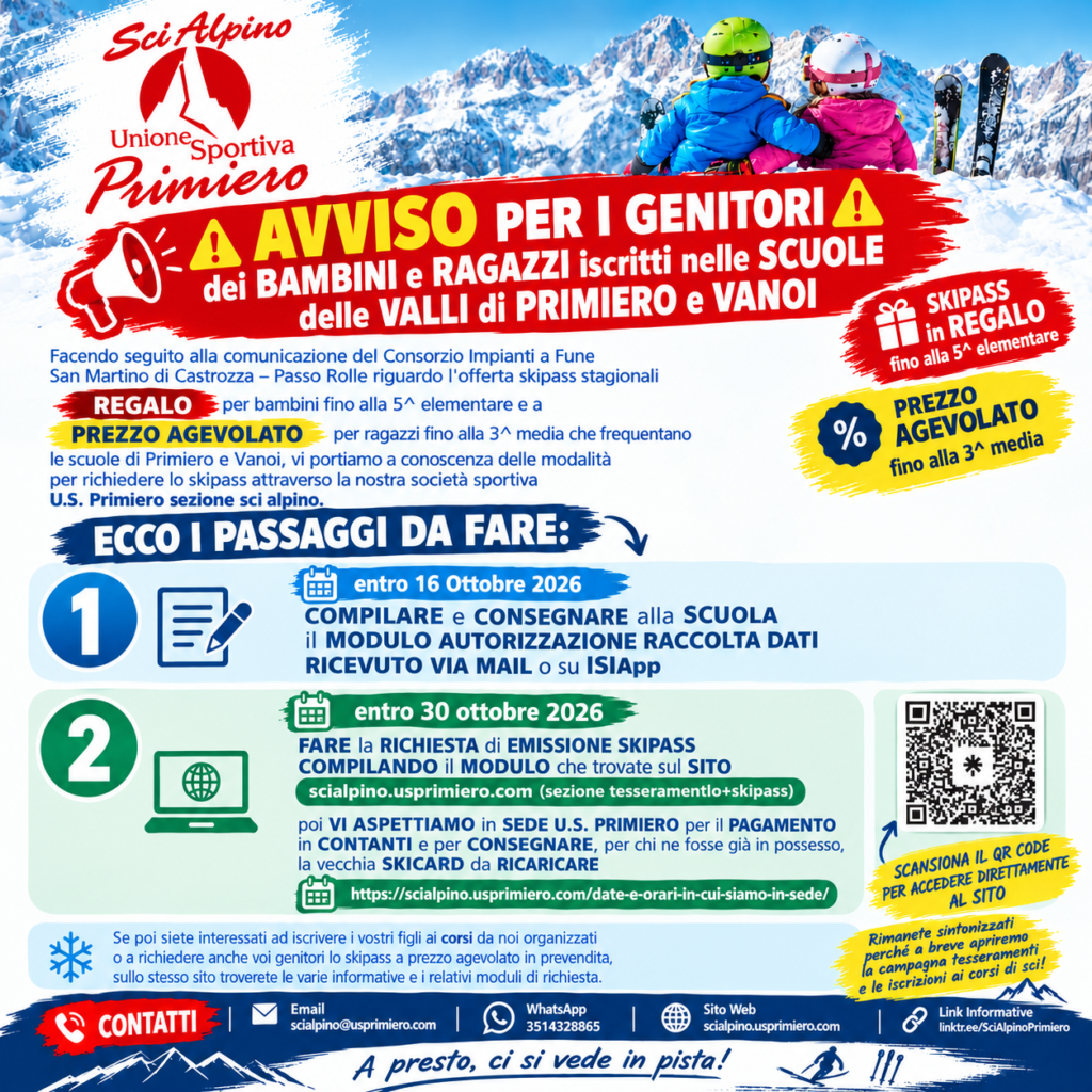 PROMOZIONE SKIPASS SCUOLE PRIMIERO e VANOI